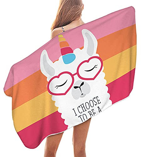 Lsjuee Großes Reisehandtuch, süßes Lama-Badetuch, Mikrofaser-Strandtuch, kompatibel mit Kindern und Erwachsenen, Cartoon-Alpaka mit Brille, Picknick-Matte, dünne Decke