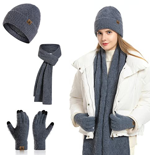 Meajore MüTze Schal Handschuhe Damen Set 3 In 1 Winter Warm Beanie Touchscreen Handschuh Und Lang Schal StrickmüTze Set