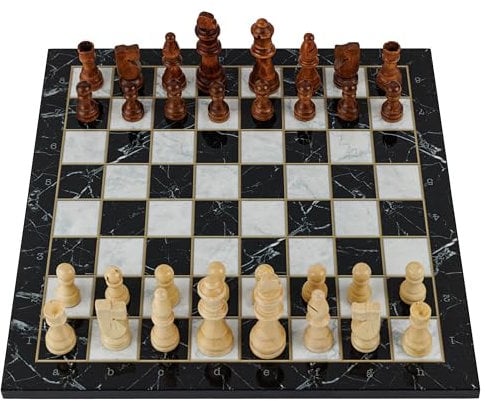 HBS GAMES Schwarzer Marmor Design Klassisches Schachspiel aus Holz 37 cm Schach und Dame Spiel Chess Board Set Perfektes Familienspiel mit Handgefertigtes Hochwertiges Schachbrett