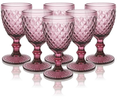 Buumin Vintage Wine Goblets Set of 6 Crystal Glass Cups, Diamond Pattern Small Red Wine Glasses, Stemmed Goblet Set for Wedding Party Restaurant, Dishwasher Safe Stemware, 8oz (Purple)