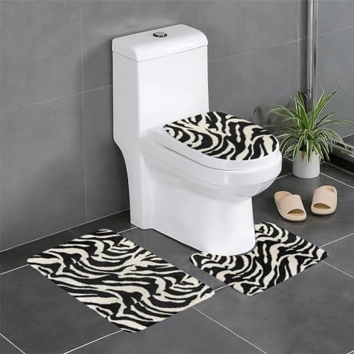 ESASAM 3-teiliges Badezimmerteppich-Set mit Zebra-Tierdruck, stilvolles und langlebiges Design, weicher und bequemer Flanellstoff