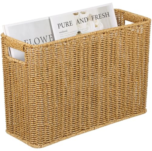ABOOFAN Plastic Woven Storage Basket Light Coffee 38x26x15cm | Light Coffee Woven Plastic Basket with Handles, for Home Organisation in Kitchens, Bathrooms and Living Rooms