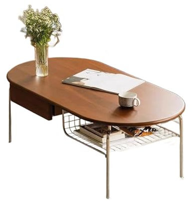 JHKZUDG Ovaler Couchtisch Mit Ablagefach Und Schubladen,2-Stufiger Couchtisch Aus Massivholz,Beistelltisch Im Industriestil,Für Wohnzimmer, Schlafzimmer, Büromöbel
