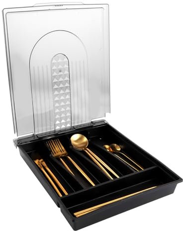 SHUESS Besteckkasten mit Deckel, Tragbar Besteck Aufbewahrung, Kompakter Besteckkasten mit 5 Fächern füR Campingurlaub, Reisen, Garten, 31x26.5x4,5CM, Schwarz