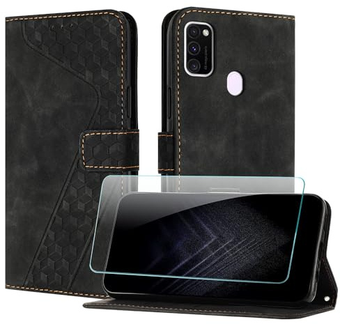 JayModCase Handyhülle für Samsung Galaxy M30S / M21 mit Schutzfolie, Flip Wallet PU Leder Galaxy M21 hülle [Kartenfach] [Magnet] [Ständer] 360 Stoßfeste Schutzhülle - Schwarz