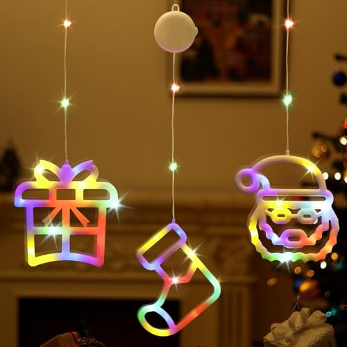 Lewondr LED Weihnachtsbeleuchtung, 3 Stück Weihnachtsdeko Fenster Licht mit Saugnäpfe, Timer,Batteriebetrieben,Fenster Lichterkette Innen für Weihnachten Deko, Balkon, Party, Hochzeit, Buntes Licht