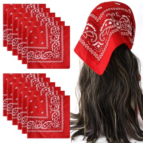 12 pcs,Bandana Damen Herren,Nickitücher Halstuch Männer, Paisley Muster Kopftuch, Neuheit Cowboy Halstücher,Headwear Haar Schal-Taschentuch(55 x 55 cm) (Hellrot)