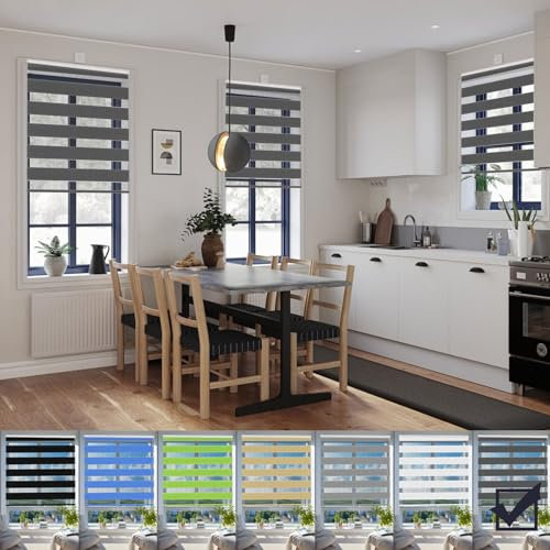Doppelrollo Klemmfix Verdunkelung 35 x 340 cm Hitzeschutz Energiesparend Klemmrollo Rollo Thermo Rollo Inkl. Zubehör für Schlafzimmer Küche, Dunkelgrau