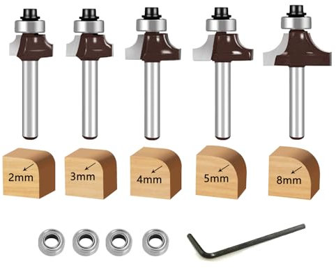 glryd 5 Stück Abrundfräser 8mm Schaft, Radius 2-3-4-5-8mm, mit 4 Austauschbar Kugellager Rundfräser, Hartmetall Radiusfräser, Runde Über Fräser Bits-,für Zimmerei Fasen Holzbearbeitung Trimmen