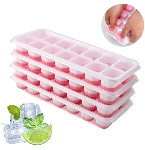 Ice Cube Tray, 4 Pack Silicone Ice Cube Tray with Lid, Easy Release BPA Free Ice Trays for Freezer, Ice Cube Moulds for Whiskey, Cocktails, Drinks(Pink)