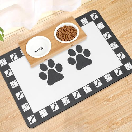 Mavicen Pet Feeding Mat, 30 * 50cm Absorbent Dog Bowls Mat, Anti-Slip Spill Proof Cat Dog Feeding Mats for Food and Water, Easy to Clean Pet Bowl Placemat for Floors Waterproof, Dark Grey