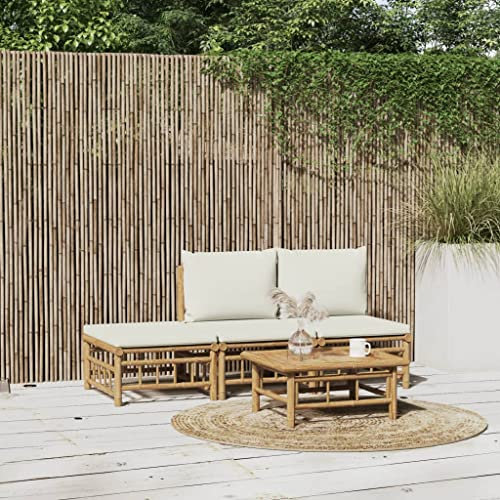 HEFZGDB 4-TLG. Garten-Lounge-Set mit Cremeweißen Kissen Bambus Gartenstühle Gartenmöbel Set Gartentisch Geeignet für Terrasse, Garten, Pool.