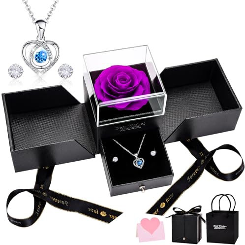UUEMB Rosa Eterna, Viola Rose Stabilizzata Confezione Regalo con Collana a Cuore e Orecchini, San Valentino Festa della Mamma Anniversario Regali di Compleanno per Mamma Moglie Sorella Donna