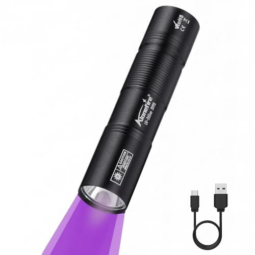 Alonefire SV98 Linterna UV 3W 365nm Pequeño Recargable USB C Portátil Ultravioleta Luz Negra Mini Detector de Orina para Resina, Pesca, Escorpión, Minerales, Pegamento, Ámbar con Batería Incorporada