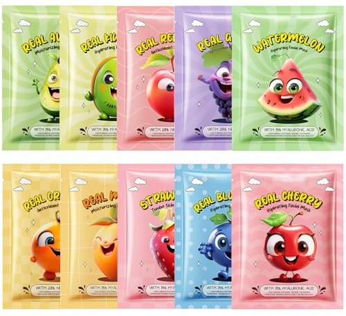 Asheyya 10 Pcs Face Masks for Girls, Moisturizing and Smoothing Fruit Face Mask Sets for All Skin Types