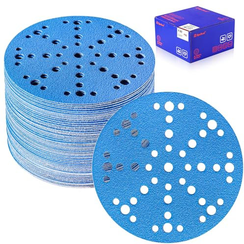 SpeTool Carta vetrata da 150 mm, con 49 fori, 60 pezzi, set di carta vetrata, grana 80, dischi abrasivi in ceramica, 150 mm, carta vetrata per legno