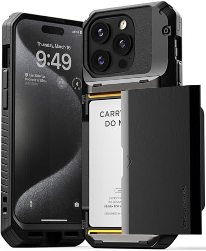 VRS DESIGN Damda Glide Pro, Schutzhülle für iPhone 15 Pro, stabile halbautomatische Brieftasche, 4 Karten, Kartenhalter, kompatibel mit iPhone 15 Pro (2023), Logo, Schwarz