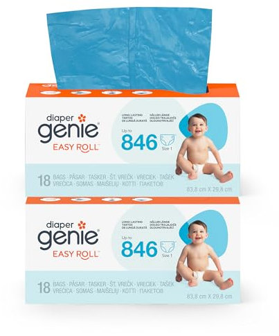 Diaper Genie – Packung mit 2 original Easy Roll-Nachfüllpackungen, 2 x 18 Beutel, kompatibel mit dem Mülleimer Diaper Genie Platinum – geruchs- & robust – 10 Monate Windeln verpackt.