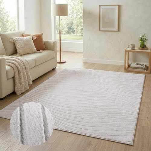 carpet city Teppich Wohnzimmer Kurzflor - 160x230 cm in Hellgrau/Taupe - Modernes Wellen-Muster in 3D-Optik - Weich & Soft-Touch Haptik - Pflegeleichte Teppiche für Schlafzimmer & Flur
