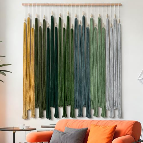 UXORSN Große Makramee Wandbehang Perlen Quaste Wandteppich Boho Wanddeko | Gewebter Baumwollseil Handgewebt Tapisserie, Grüner Farbverlauf, Ästhetische Böhmisches Wand Deko für Schlafzimmer Wohnzimmer