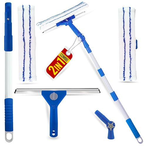 G4GADGET All-Purpose Window Cleaning Kit – 2-in-1 Telescopic Window Cleaner Set with 85–150cm Extendable Handle, 30cm Rubber Squeegee & Microfiber Scrubber Pads for Glass, Mirrors & Outdoor Use