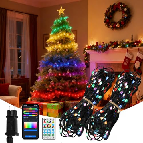 Aigostar RGBIC Smart Lichterkette, 10M 100 LEDs Bluetooth Lichterkette mit App & Fernbedienung, Musik-Sync, Individuelle Farbsteuerung, 39 Dynamische Effekte, 150+ Szenen für Weihnachten, 2Pack