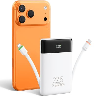 VEGER Batterie Externe 10000mah avec Câble Intégré, Power Bank Portable | 22.5W Charge Rapide,Fin Compact Chargeur USB C avec écran LED,4 Sorties 3 Entrées,Compatible avec iPhone Huawei Xiaomi-Blanc