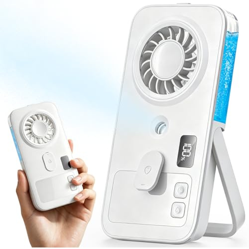Otlonpe Mini ventilatore nebulizzatore portatile, piccolo ventilatore portatile ricaricabile con nebbia d'acqua, 4 velocità, display LED, supporto pieghevole, raffreddamento personale per viaggi