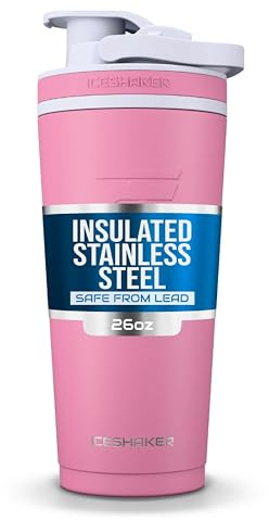 Ice Shaker isolierte Edelstahl-Shakerflasche, 760 ml, rosa, kühlt über 30 Stunden, Thermobecher mit Schraubverschluss, geruchsneutrale Flasche für Proteinshakes, Wasser, Smoothies, Cocktails