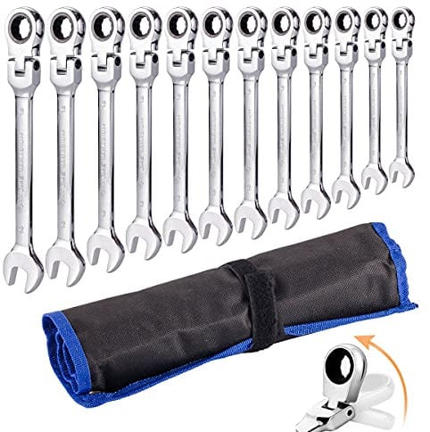 Qnkaa Ratchet Spanner Set 12pcs Metric Flexible Combination Wrench with Gear Ring Open-end Box-end Flex Flexi Head DIY Hand Tools Kit in Roll Bag 8-19mm
