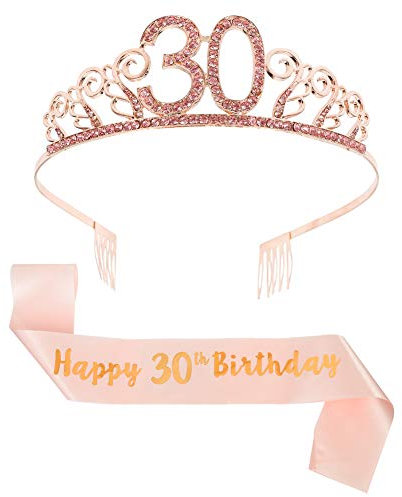 You&Lemon Rose Gold Happy 30th Birthday Sash and 30 Birthday Tiara Rhinestone Crown Headband for 30 Birthday Gift Party Accessories 30th Birthday Decoration Girls Women