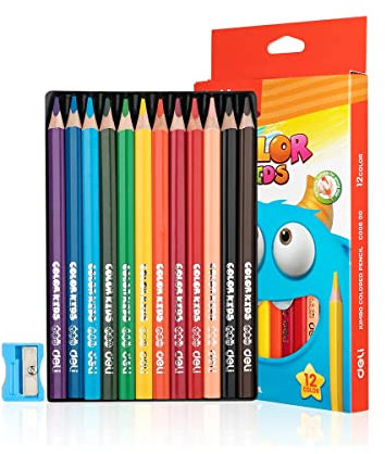 deli Jumbo Grip Kinder Buntstifte Set, 12 Farben, Farbstifte 12er Kartonetui mit Bleistiftspitzer