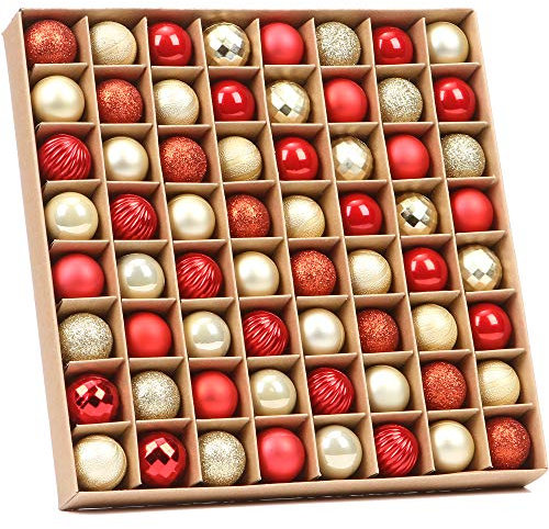 Sea Team 64-Pack Mini Christmas Ball Ornaments with Strings, 30mm/1.18-Inch Small Baubles, Shatterproof Plastic Christmas Bulbs, Hanging Decorations for Xmas Tree, Wreath, Garland (Red, Gold)
