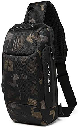 FANDARE Neu Brusttasche Diebstahlsicherung Sling Bag für 10,5 Zoll Tablet Herren Damen Schulranzen Umhängetasche mit USB-Ladeanschluss Daypacks für Schule Abenteuer Reisen Joggen Sporttasche Camo A