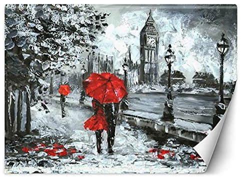 Feeby Wandtapete Fototapete Vlies Pärchen Unter Einem Regenschirm 254x184 cm Rot Modern Tapete Wohnzimmer Schlafzimmer London Themse