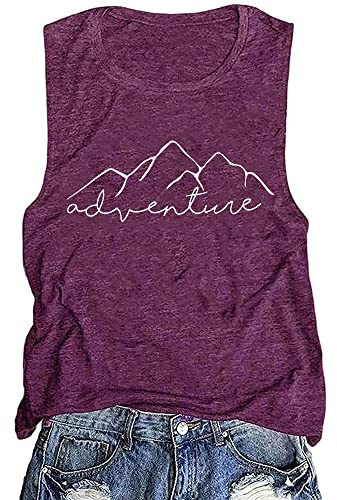 Mountain Climbing Shirts Women Hiking Adventure Tank Tops Funny Workout Graphic Sleeveless Holiday Beach Muscle Tees, Purple XL