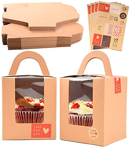 KEYIDO 50pcs Individual Cupcake Boxes Brown Kraft Single Cupcake Box 1 Hole Cake Box with Clear Window Handle and 4 Sheets Stickers for Wedding Birthday Party Favors