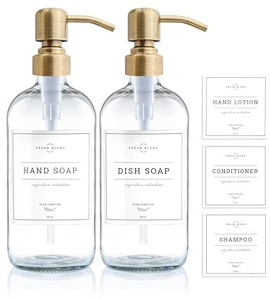 Vine Creations Clear Glass Soap Dispenser Set, 2 Pack with Stainless Steel Pump, 16 oz Hand Soap Dispenser for Kitchen and Bathroom