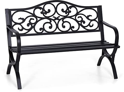Sophia & William 50 Outdoor Garden Bench Patio Park Bench, Cast Iron Metal Frame Furniture with Floral Design Backrest for Porch Yard Lawn Deck, Black