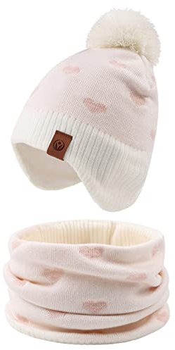 XIAOHAWANG Baby Strickmütze Winter Babymütze Junge Warme Kindermütze Junge Beanie Mütze Dicke Wintermütze für Herbst,Winter(Weiß Herz(Hut+Schal),4-7Jahren)