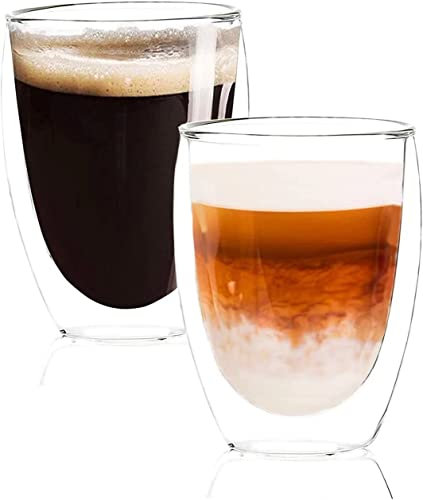 Taoyanmo 350ML Double Walled Glass Mug Set of 2, Thermal Insulation, Mug for Hot/Cold Drinks, Tumbler for Tea Cappuccino Latte Hot Chocolate, Thank You Gifts for Women and Men