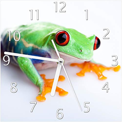Wallario Design-Wanduhr Lustiger Frosch in grün und orange aus Glas, Motiv-Uhr Größe 20 x 20 cm, weiße Zeiger