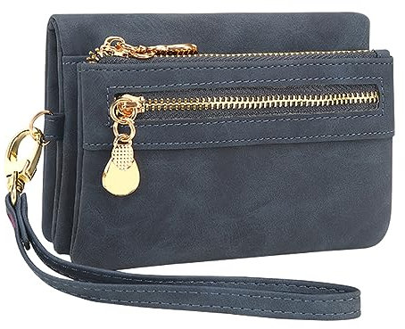 REETEE Portefeuille Femme Petit Porte Monnaie Femmes en Cuir PU Court Porte Feuilles pour Femme avec 10 Porte-Cartes, Portefeuilles Femme avec Zippé Pochette à Monnaie et Bracelet amovible(bleu marin)