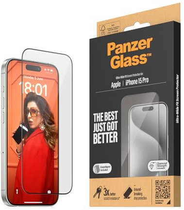 PanzerGlass™ Kratzfester Displayschutz für Apple iPhone 15 Pro - Ultra-Wide Fit und kristallklare Anzeige, Stoßfestigkeit und Fallschutz mit Montagehilfe für einfache Installation