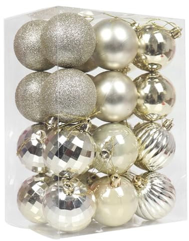24 Pieces 60mm Christmas Tree Baubles Glittering Christmas Tree Pendants Decorative Hanging Christmas Baubles Balls Ornaments Set for Holiday Wedding Party Decoration, champagne gold
