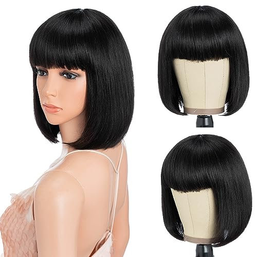 Style Icon Bob Echthaar-Perücken mit Pony für Frauen 10 Zoll schwarz keine Spitze vorne Kleber frei Perücken Maschine gemacht Perücke 150% Dichte (1B)