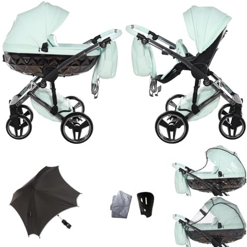 Junama Diamond Hand Craft V3 2in1 3in1 4in1 Kinderwagen Kinderwagen Autositz ISOFIX + Regenschirm Exclusive Kinderwagen (2in1, Pistazie 01)