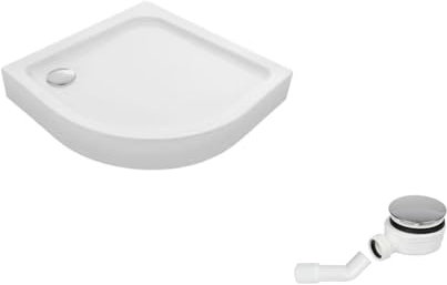 VBChome Duschwanne 80x80 cm Weiß Quadrat Sanitär-Acryl Duschtasse Badezimmer-Duschwanne Ablaufgarnitur fi90 Siphon Chrom Viertelkreis 80x80cm Siphon Chrom