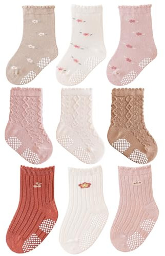 J Poqobog Rutschfeste Socken für Baby Mädchen Jungen 9 Paar Kinder Anti Rutsch abs Socken Sportsocken Stoppersocken (3-12 Monate, Mädchen2-9P)