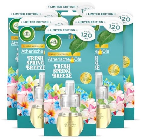 Air Wick Duftölflakon Nachfüller Fresh Spring Breeze – Floraler Raumduft – 6er Duftöl Set – Plastikfreie Verpackung